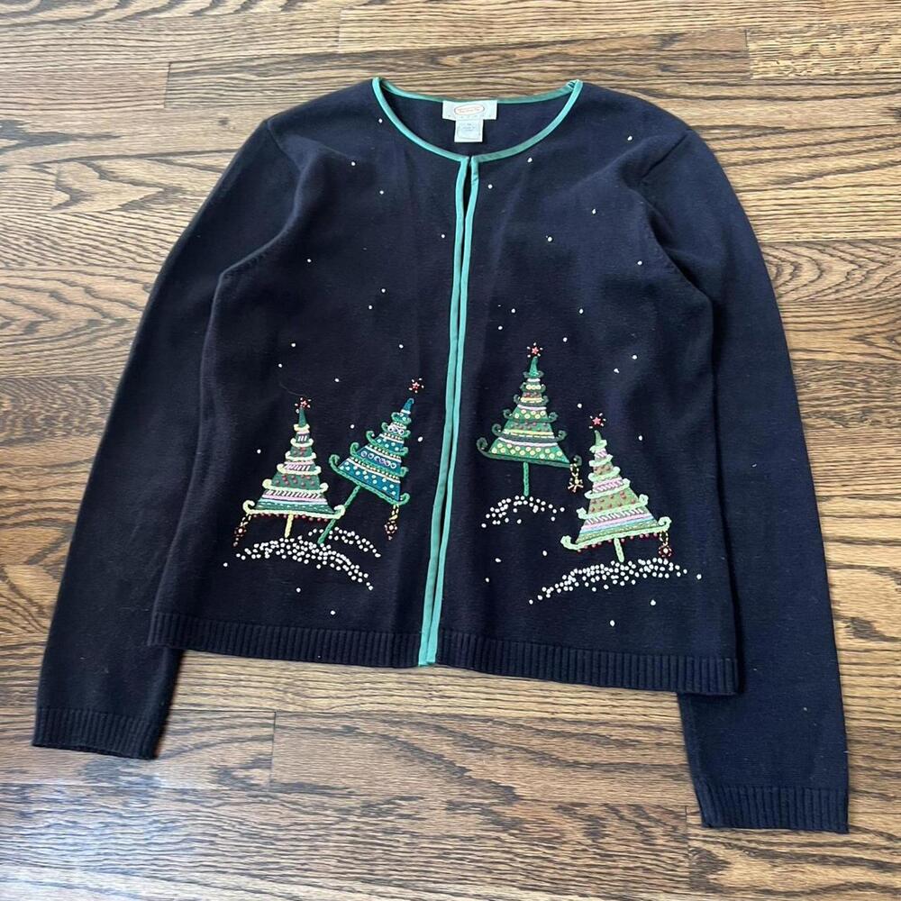 Embroidered Christmas navy blue green vintage Talbots cardigan sweater satin